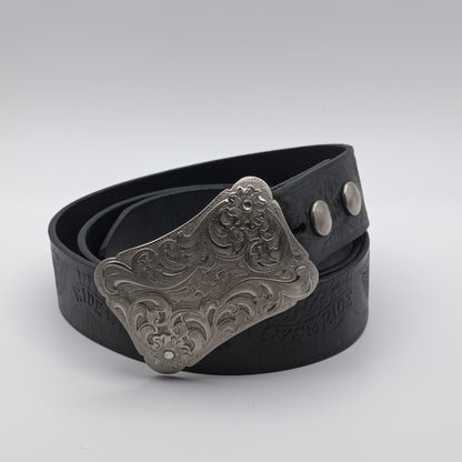 Vintage black tooled leather Live to ride silver buckled belt.