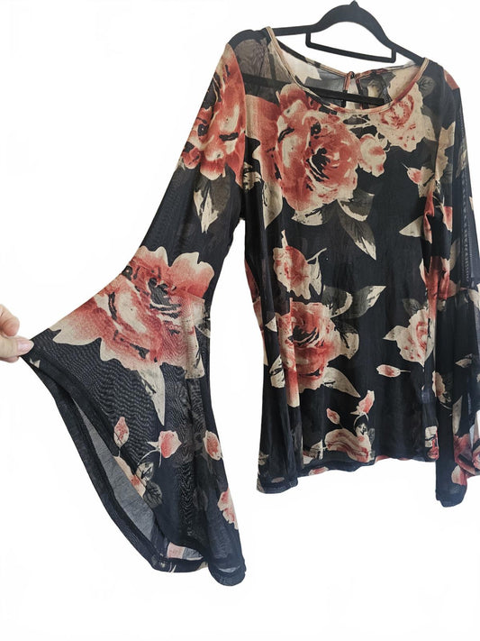 Black floral bell sleeve crossroads sheer size 12