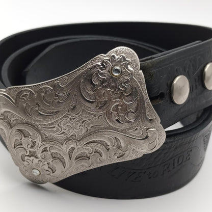 Vintage black tooled leather Live to ride silver buckled belt.