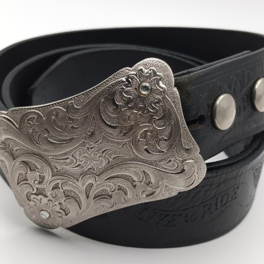 Vintage black tooled leather Live to ride silver buckled belt.
