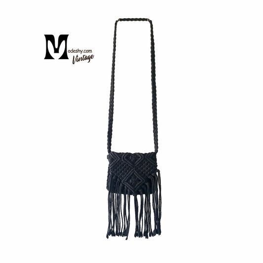 Vintage black hand crochet woven macrame hand bag Modeshy
