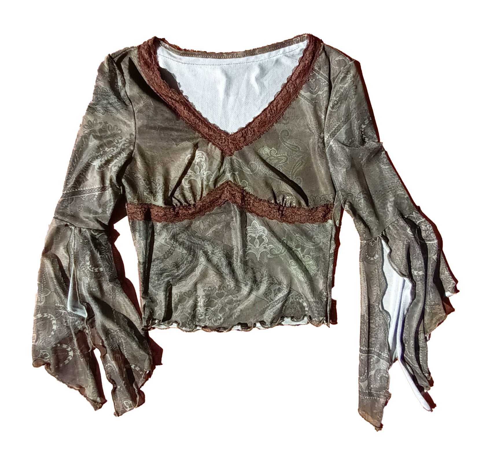 Y2k 90s Fitted mesh top fluted sleeve Modeshy