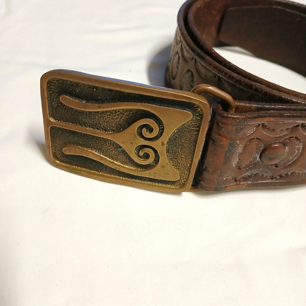 Vintage Leather hand carved belt with brass buckle Modeshy