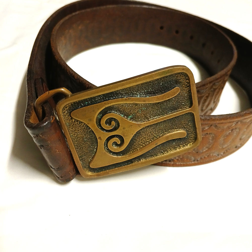 Vintage Leather hand carved belt with brass buckle Modeshy