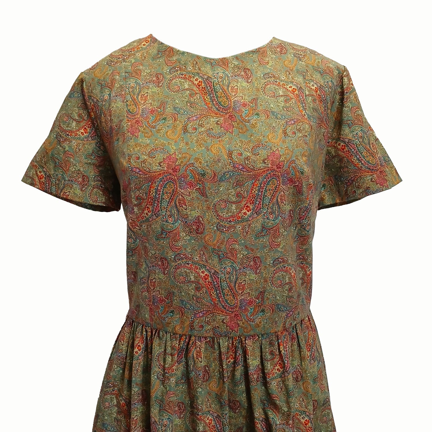 Vintage hand made green paisley floral cotton dress Modeshy