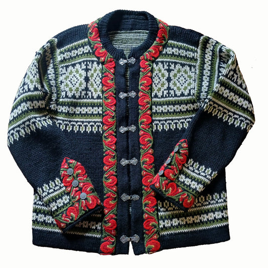 Vintage Icelandic Design Embroidered Wool Clasp Cardigan Sweater Modeshy