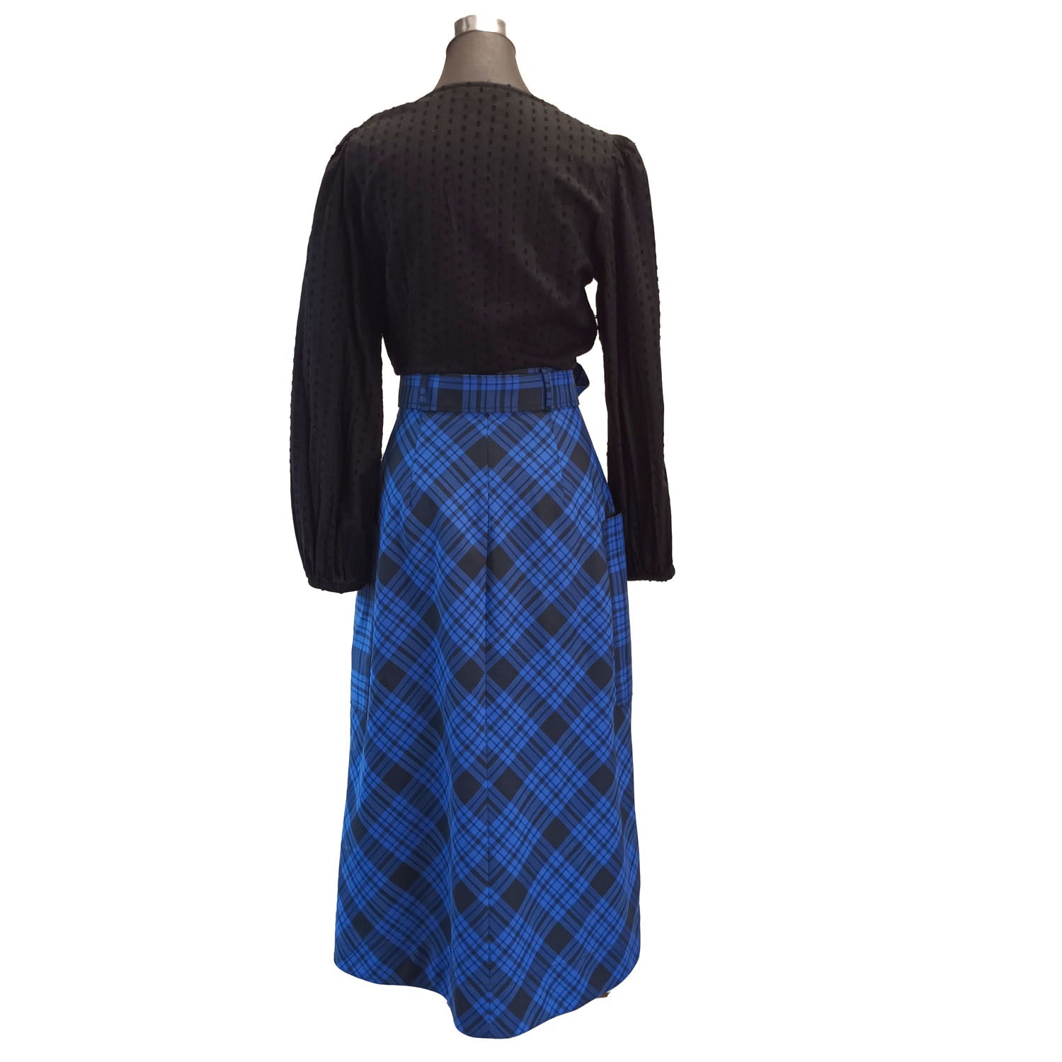Recycled italian fabric lover skirt black and blue plaid vintage style skirt Modeshy