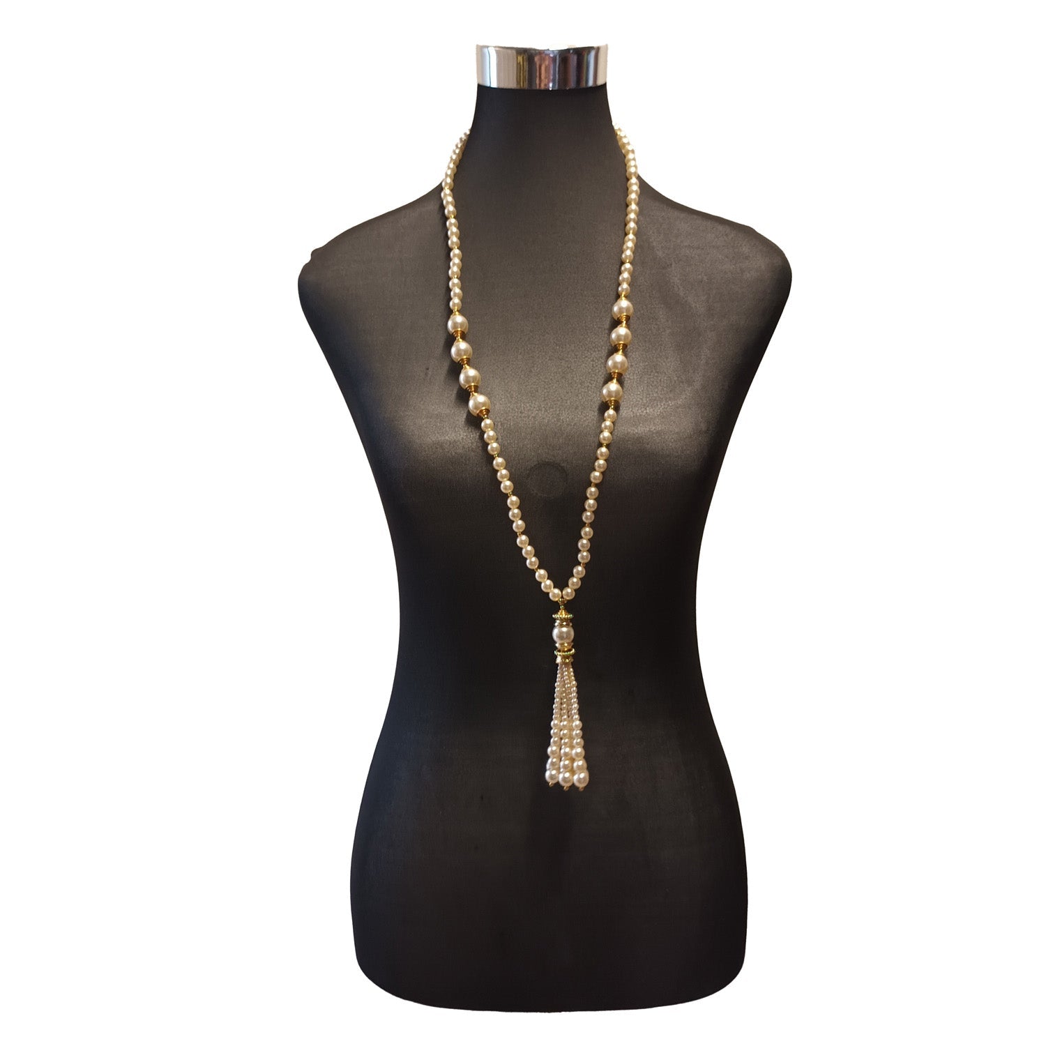 Vintage long Pearl lanyard tassel style necklace with gold accents Modeshy