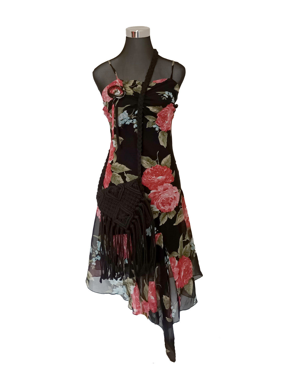 Vintage black and red floral dress 90s M