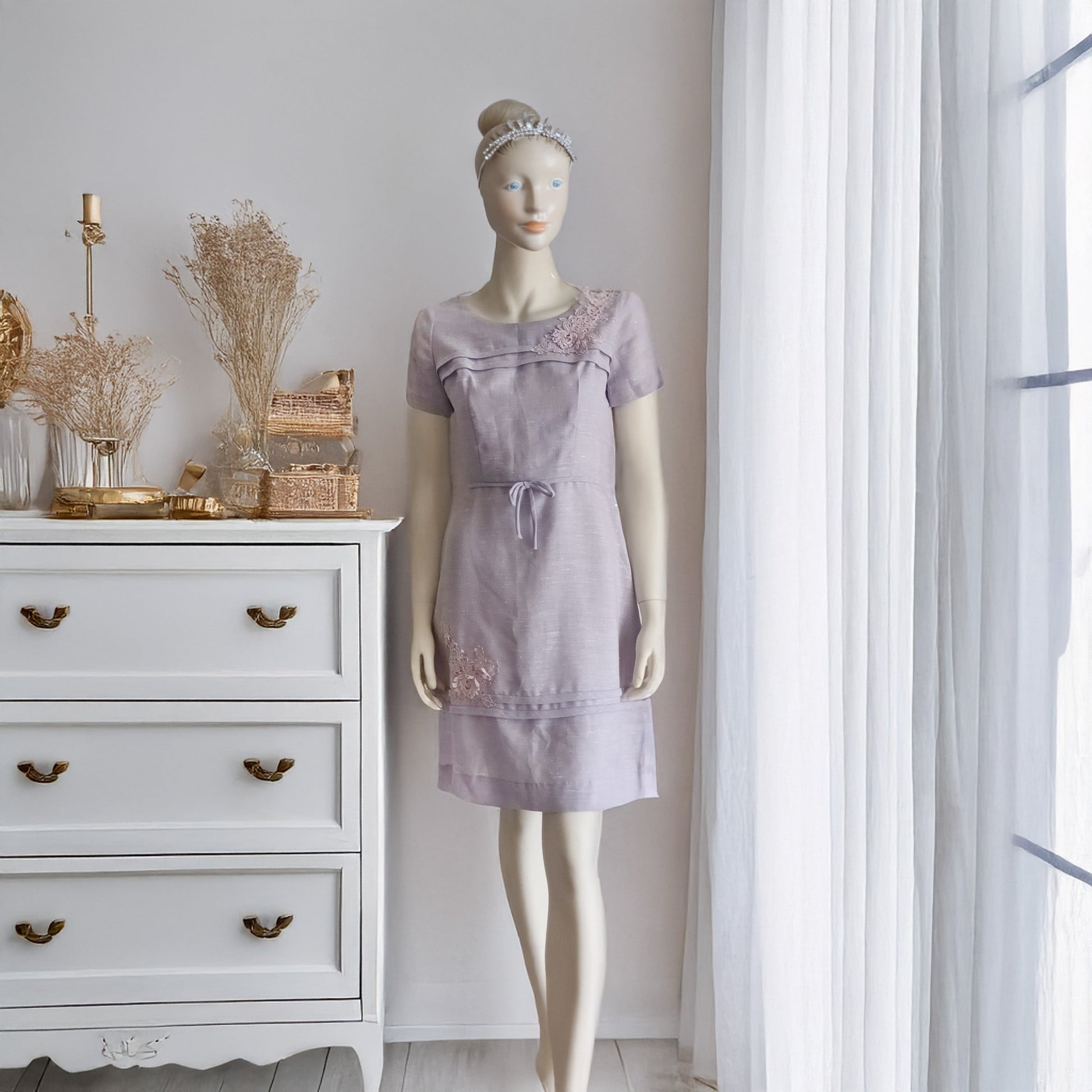 Lavender mauve vintage linen floral 60s dress Modeshy