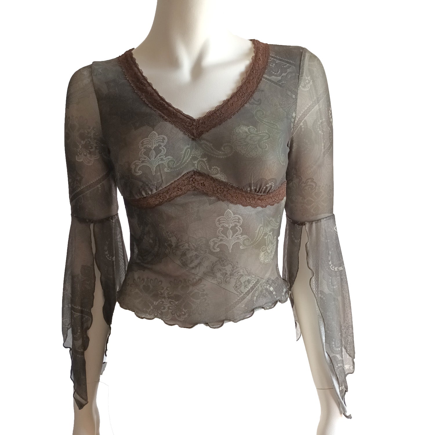 Y2k 90s Fitted mesh top fluted sleeve Modeshy