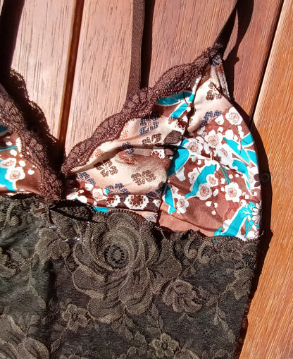 Y2K brown lace and paisley aqua cami top by Undercoverwear Modeshy