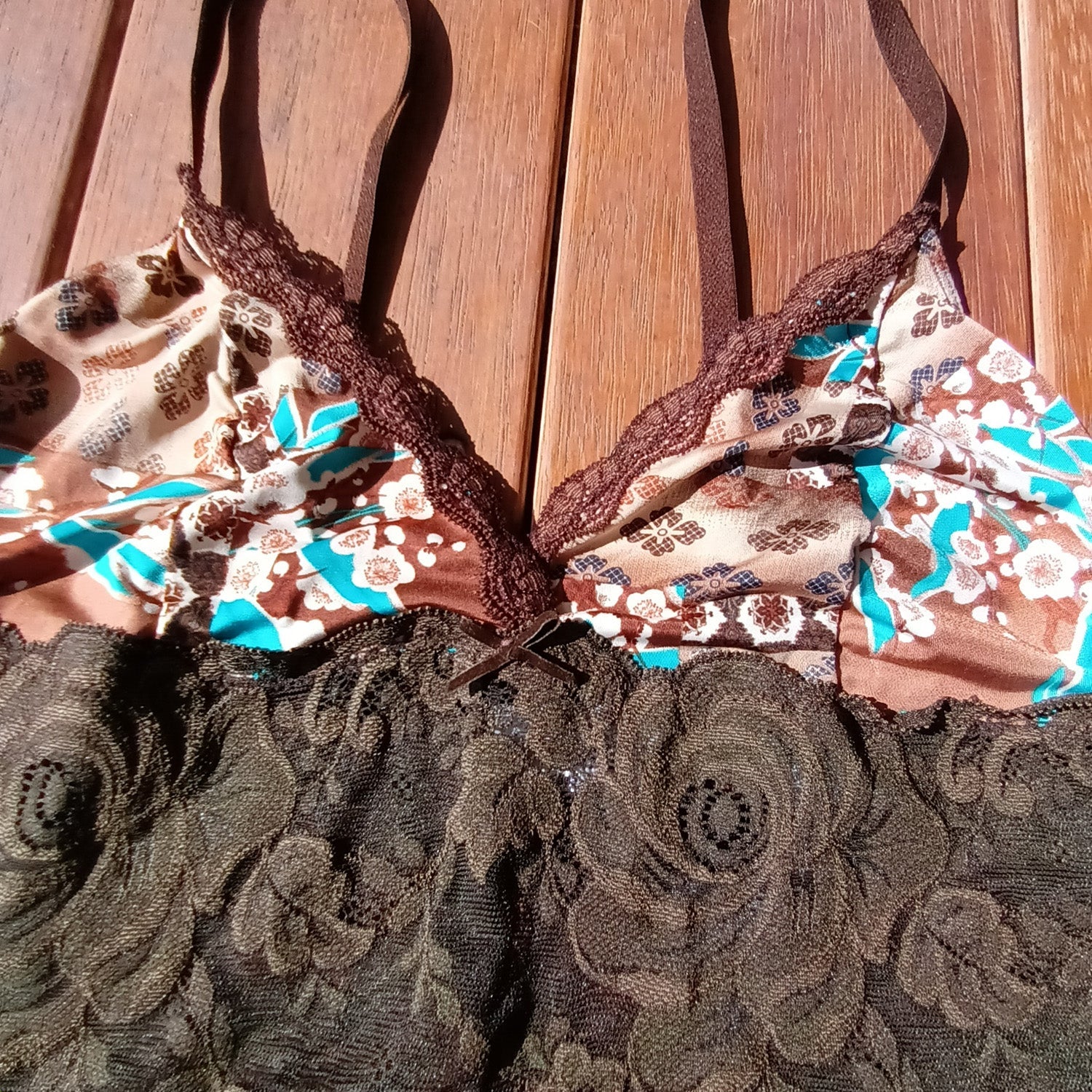 Y2K brown lace and paisley aqua cami top by Undercoverwear Modeshy