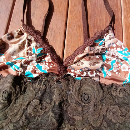 Y2K brown lace and paisley aqua cami top by Undercoverwear Modeshy