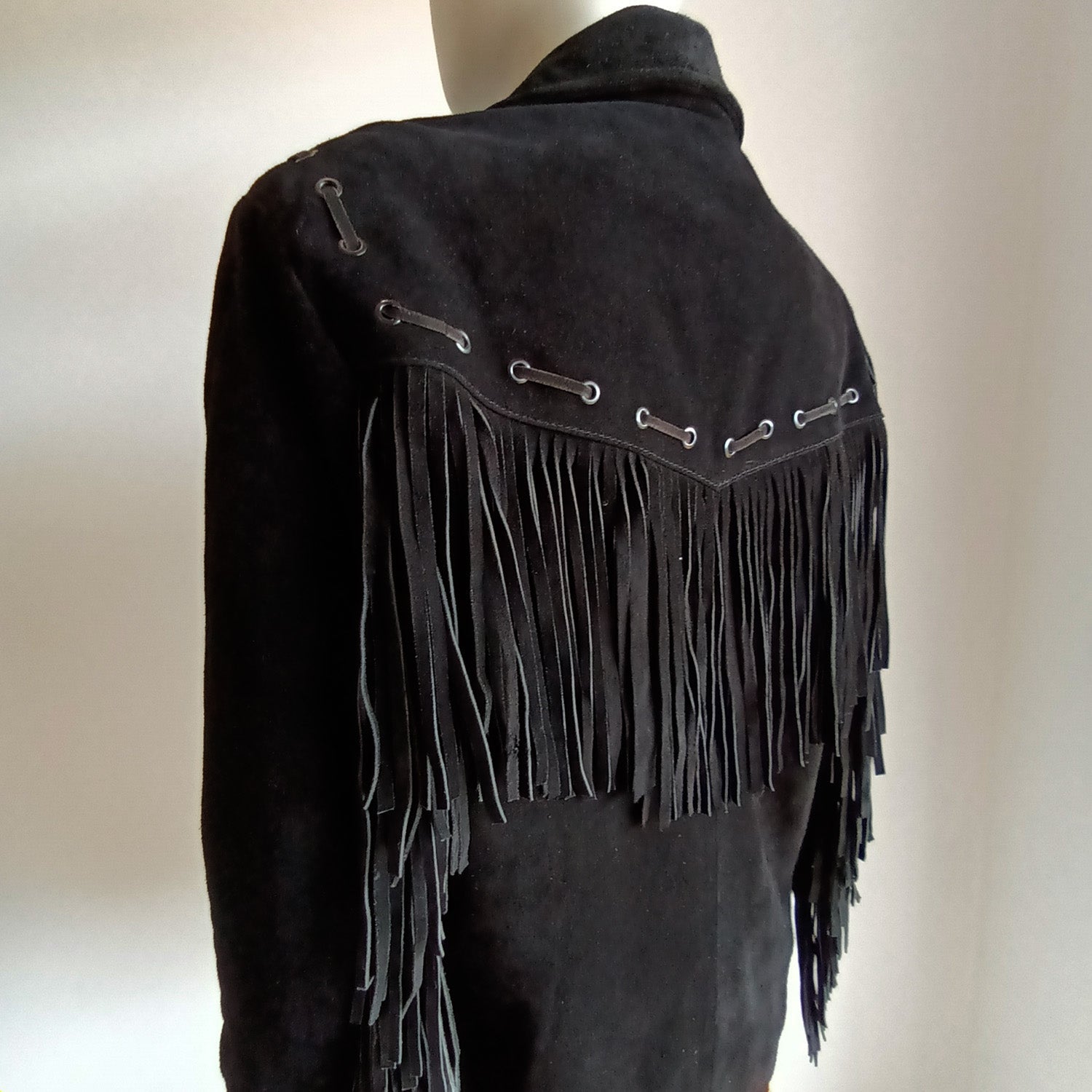 Vintage black suede unisex fringed western jacket Modeshy