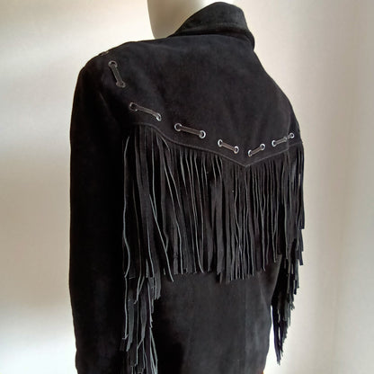 Vintage black suede unisex fringed western jacket Modeshy