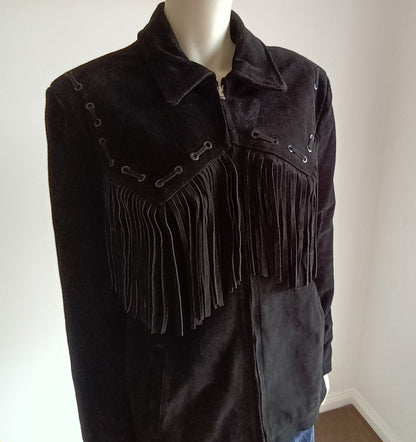 Vintage black suede unisex fringed western jacket Modeshy