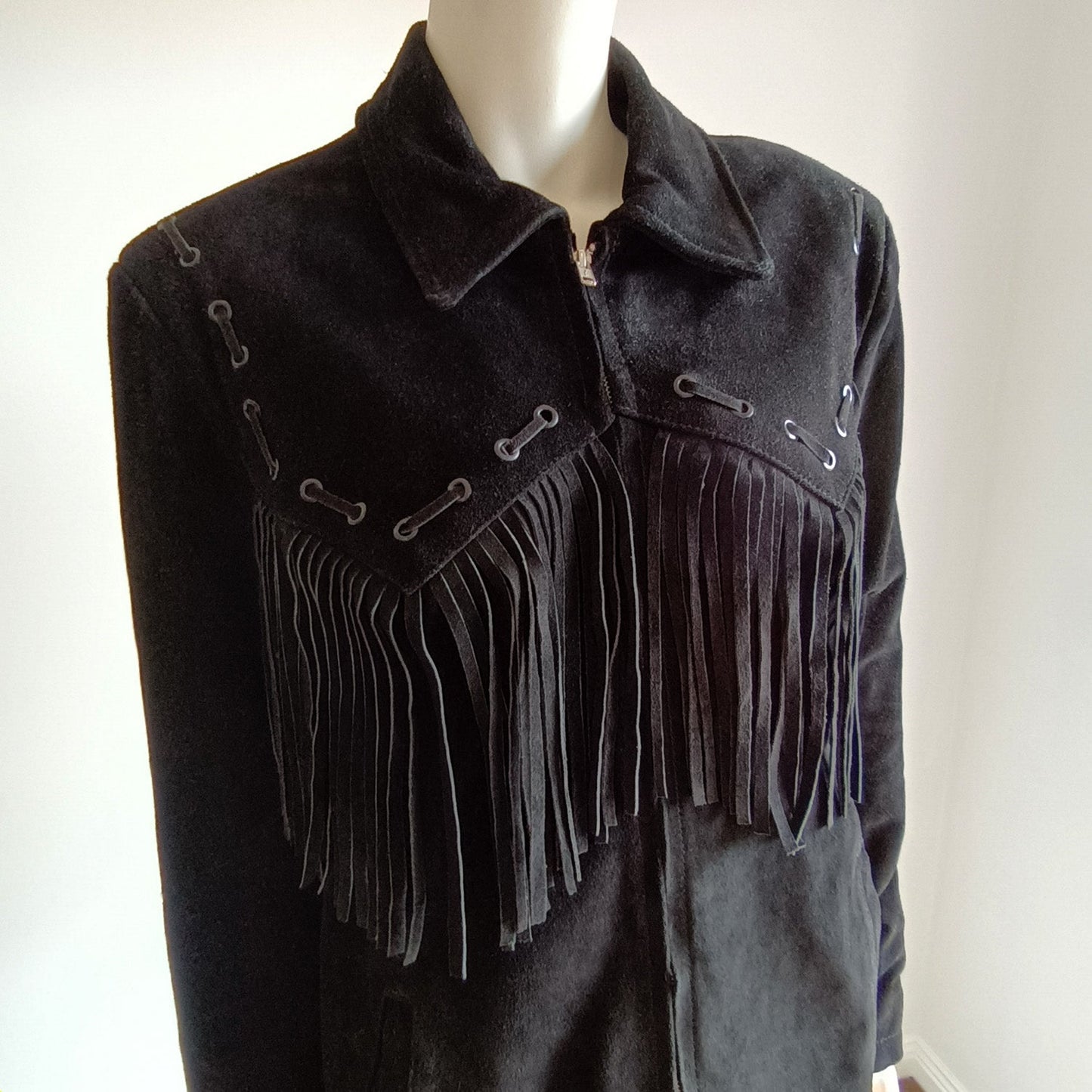Vintage black suede unisex fringed western jacket Modeshy