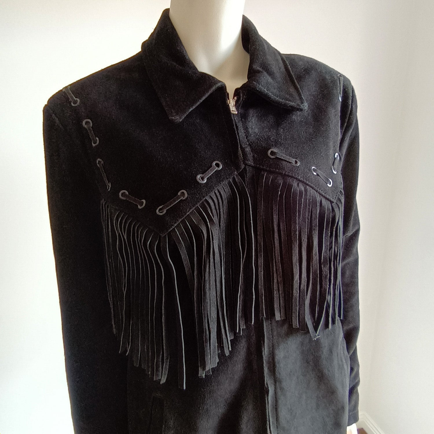 Vintage black suede unisex fringed western jacket Modeshy