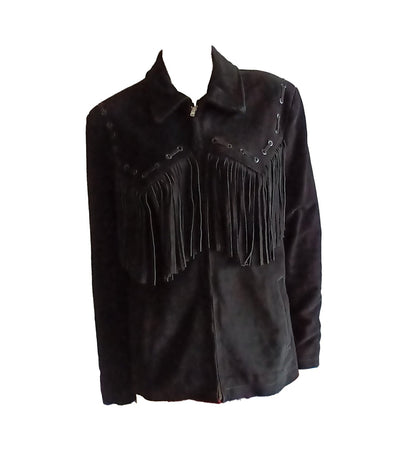 Vintage black suede unisex fringed western jacket Modeshy