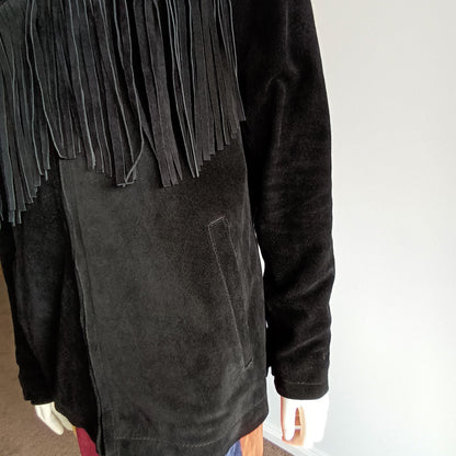 Vintage black suede unisex fringed western jacket Modeshy