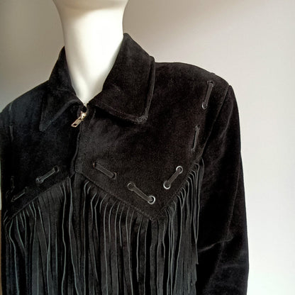 Vintage black suede unisex fringed western jacket Modeshy
