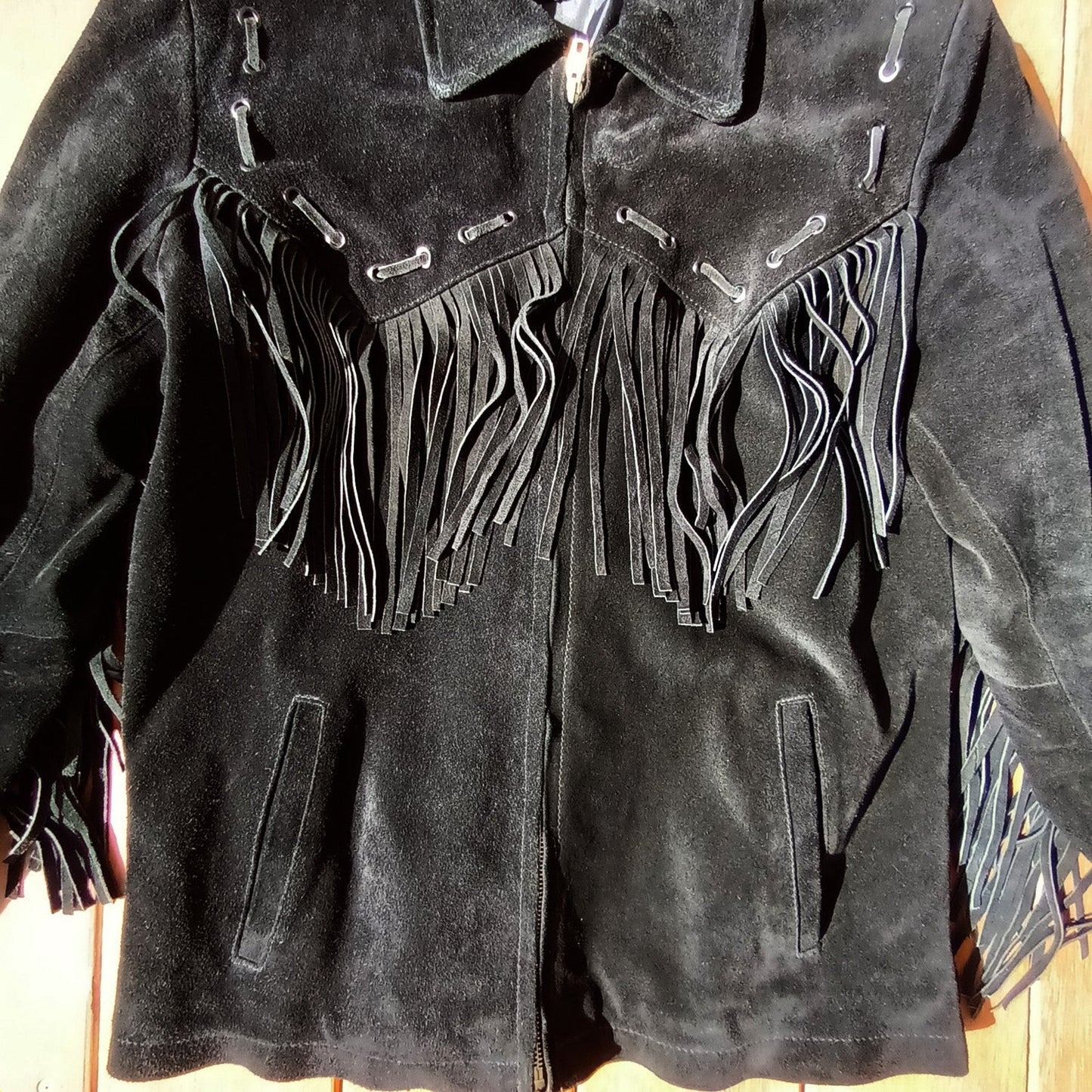 Vintage black suede unisex fringed western jacket Modeshy