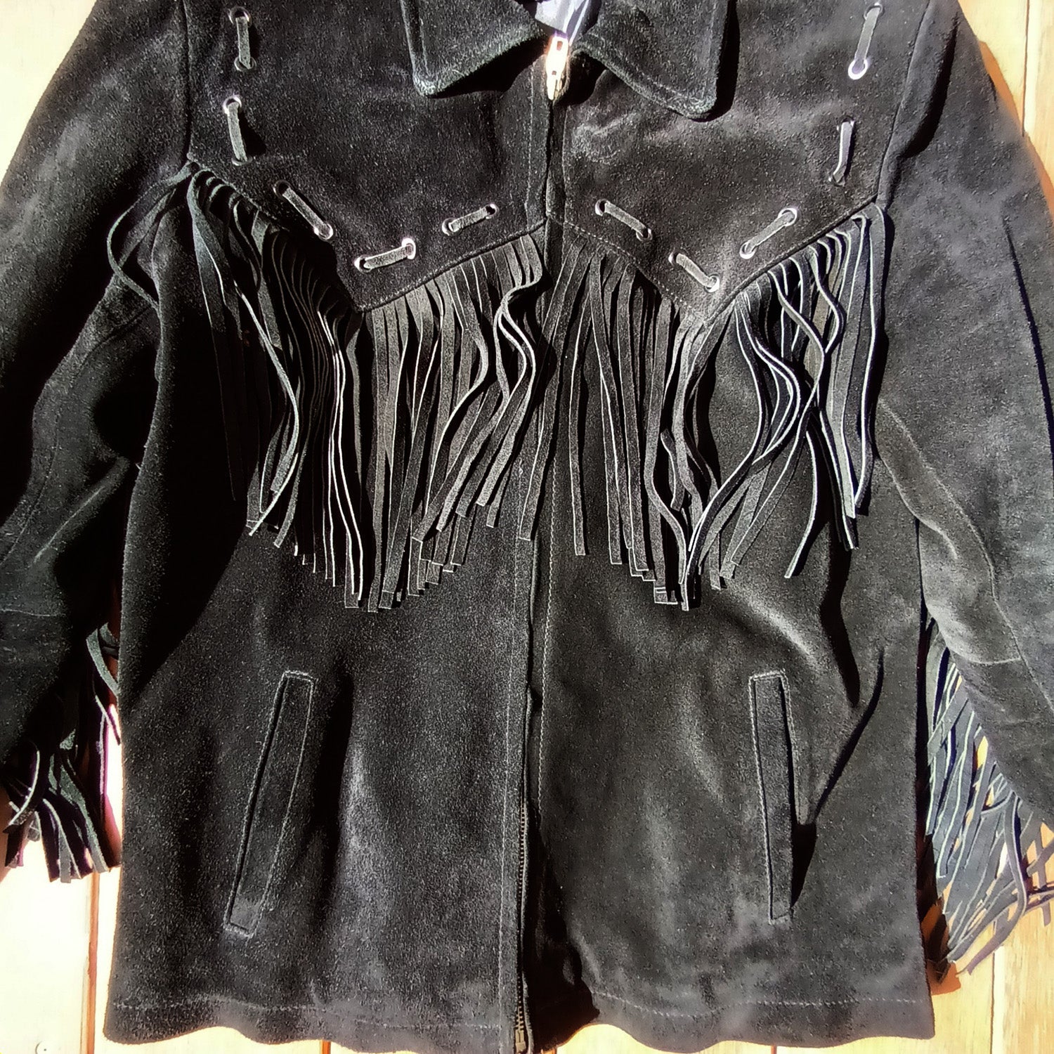 Vintage black suede unisex fringed western jacket Modeshy