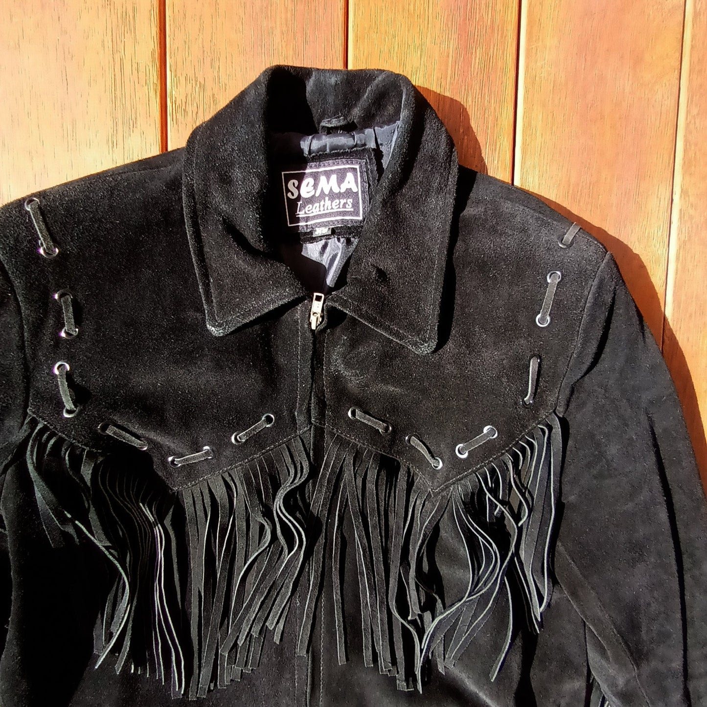 Vintage black suede unisex fringed western jacket Modeshy