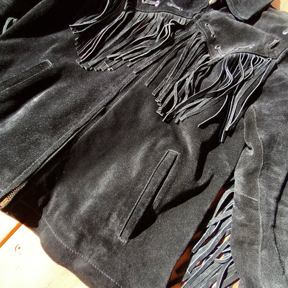 Vintage black suede unisex fringed western jacket Modeshy