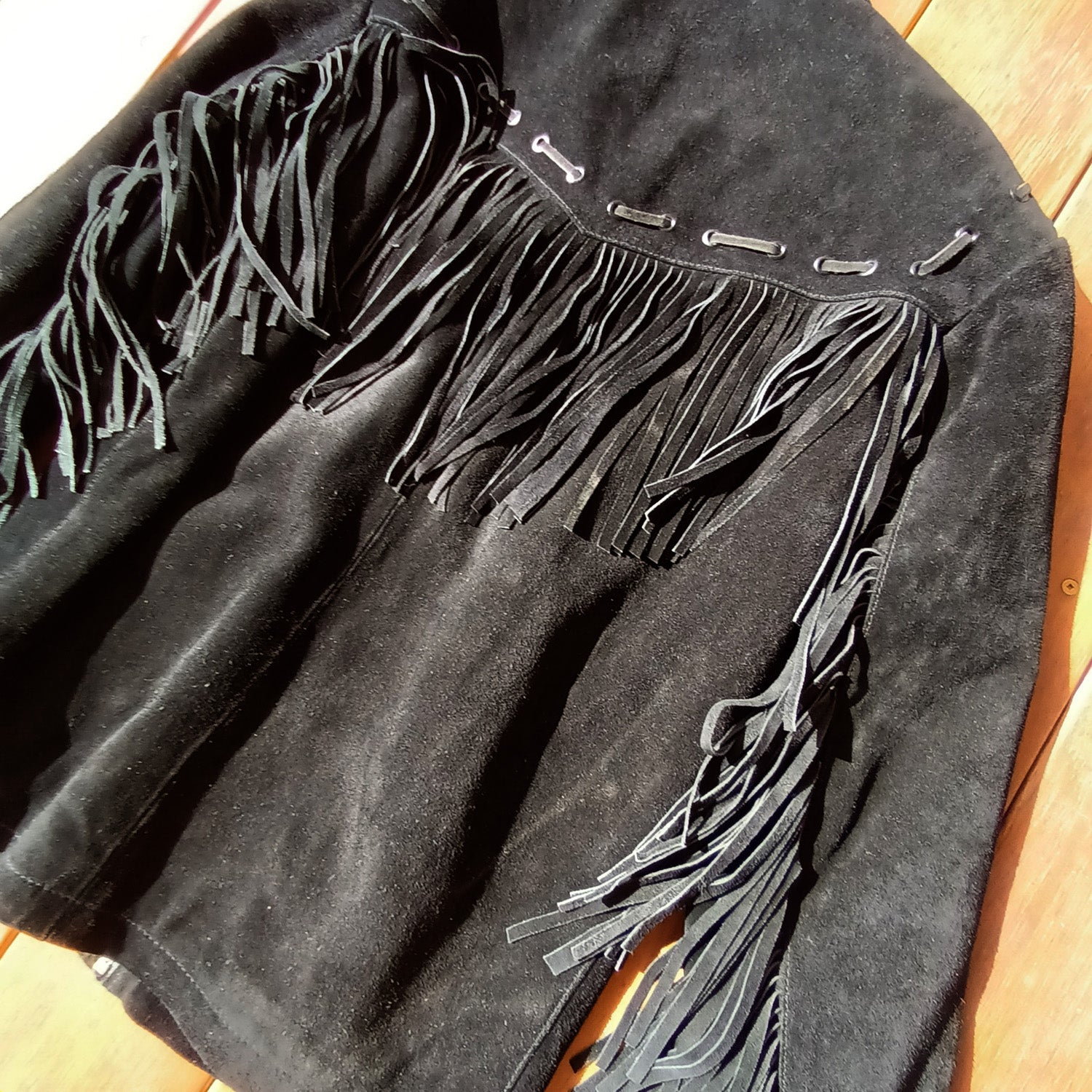 Vintage black suede unisex fringed western jacket Modeshy