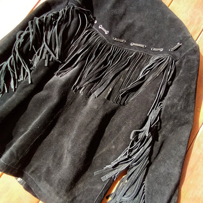 Vintage black suede unisex fringed western jacket Modeshy