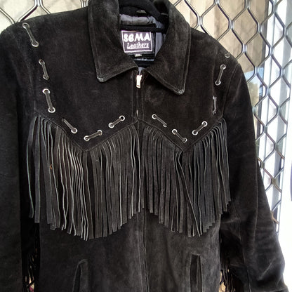 Vintage black suede unisex fringed western jacket Modeshy