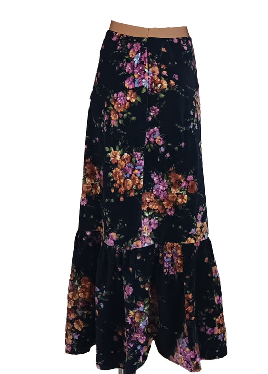 Vintage Hand made Navy floral velvet skirt L