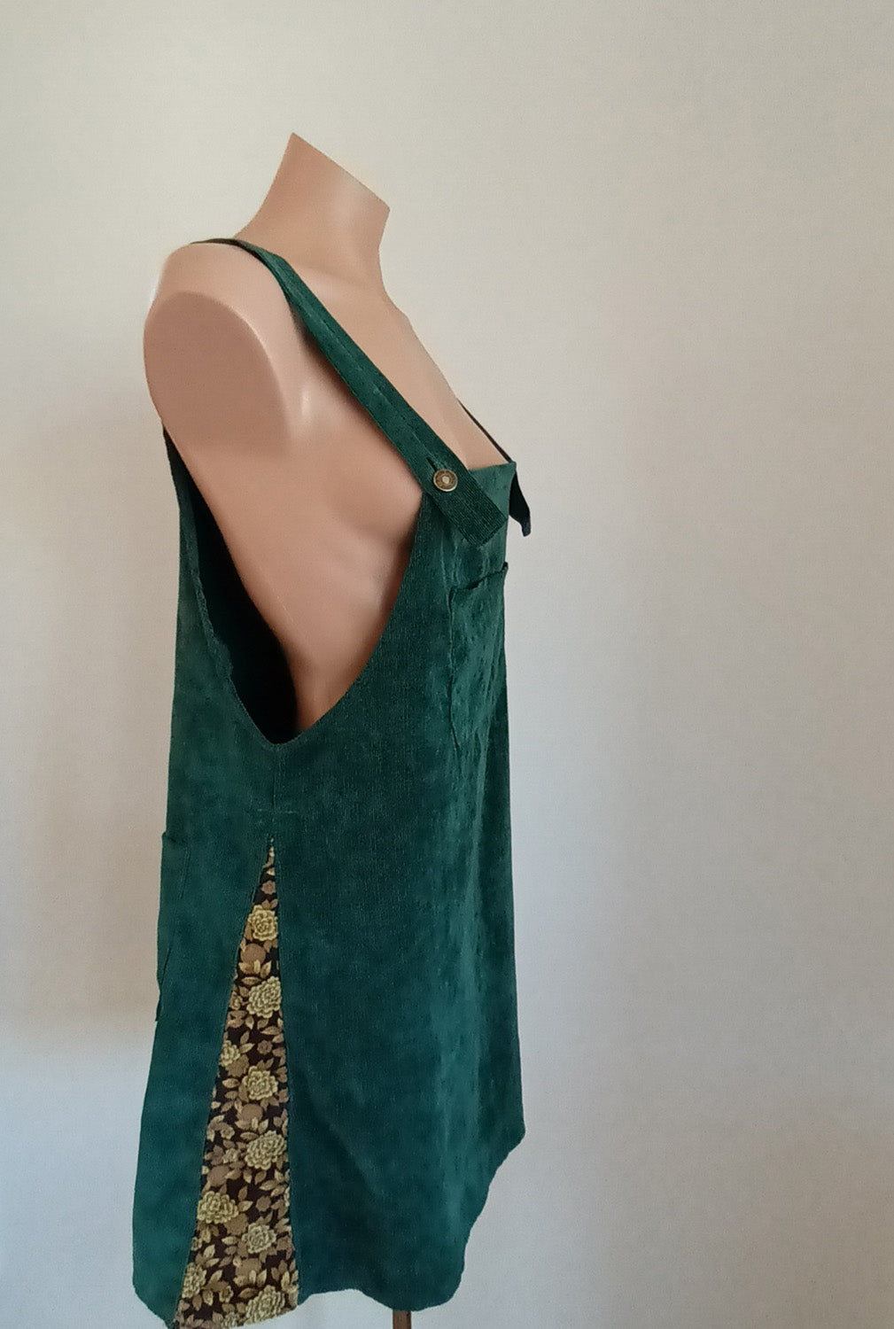 Green and floral hand made velvet pinafore dress.