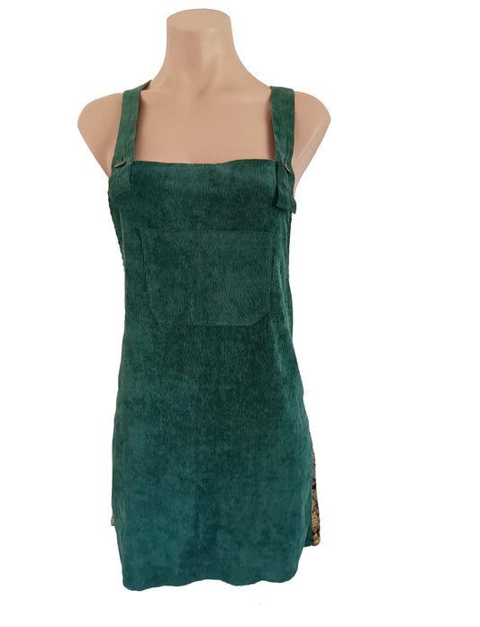 Green and floral hand made velvet pinafore dress.