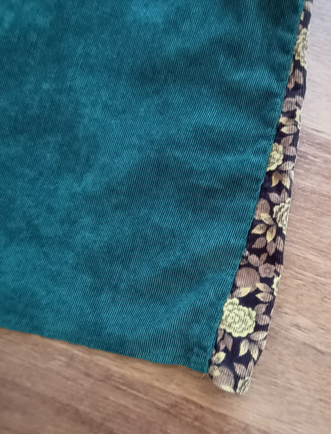 Green and floral hand made velvet pinafore dress.