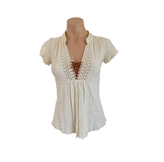 Vintage  Boho cottage core Lace-Up Blouse