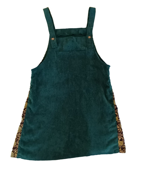 Green and floral hand made velvet pinafore dress.