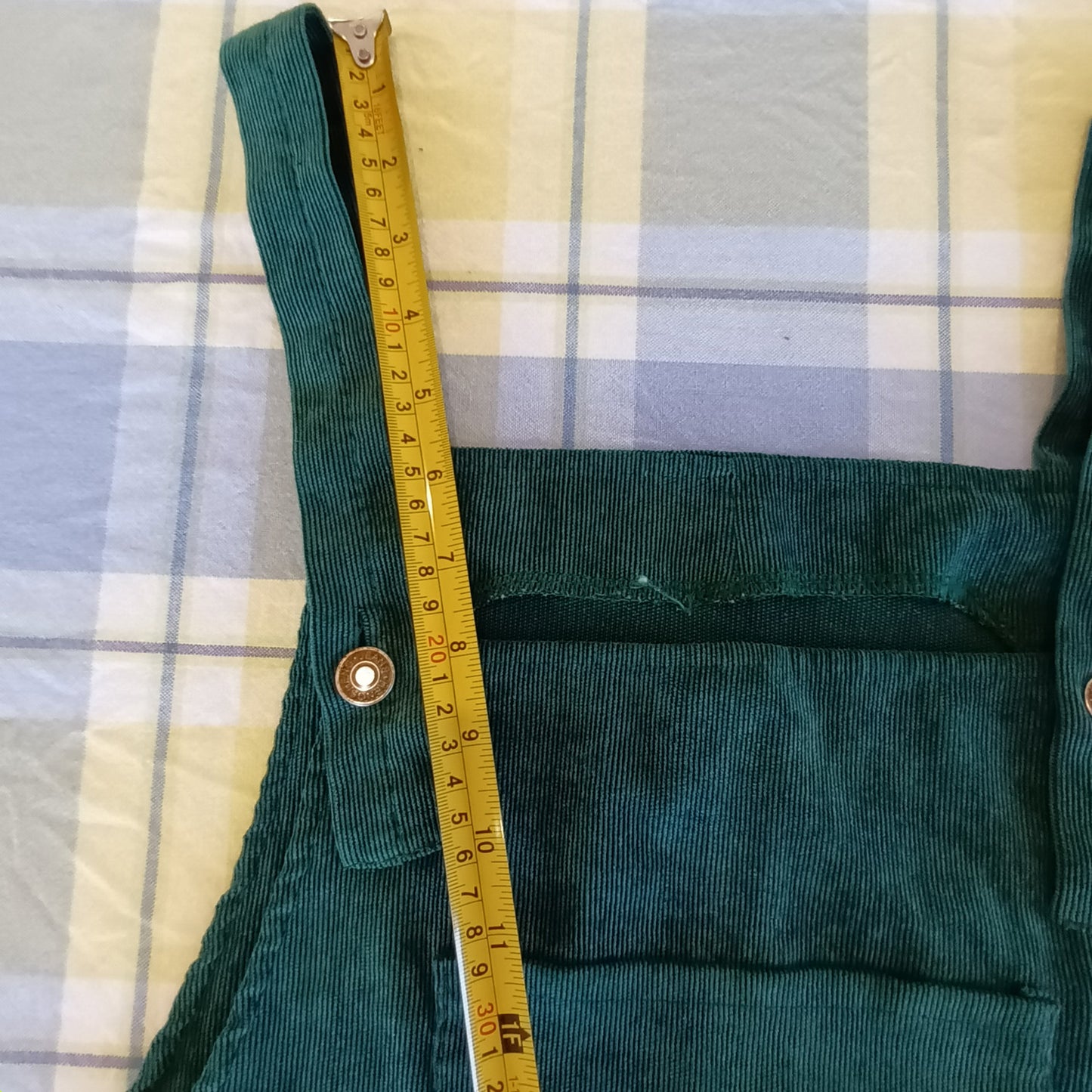 Green and floral hand made velvet pinafore dress.