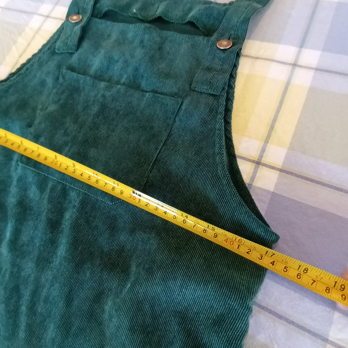 Green and floral hand made velvet pinafore dress.