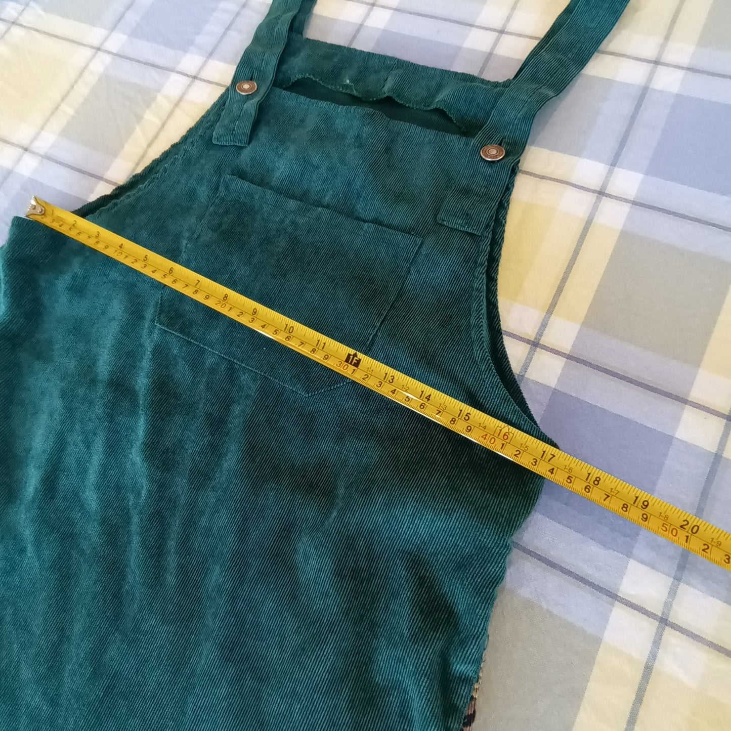 Green and floral hand made velvet pinafore dress.