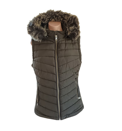 YMI Khaki Puffer vest with detachable fur hood