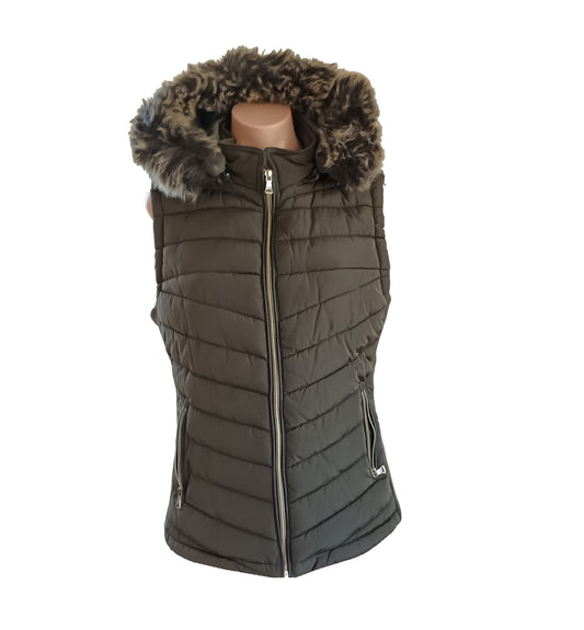 YMI Khaki Puffer vest with detachable fur hood