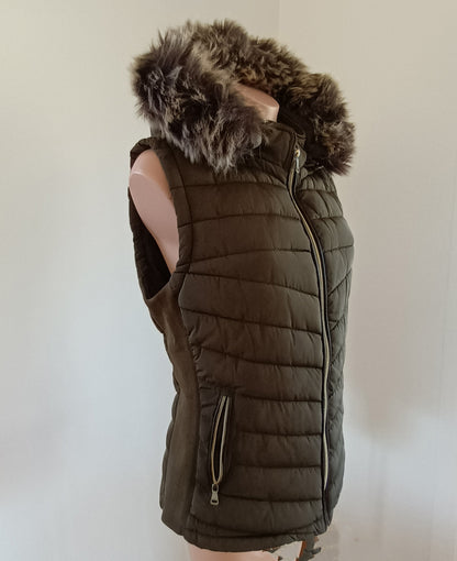 YMI Khaki Puffer vest with detachable fur hood