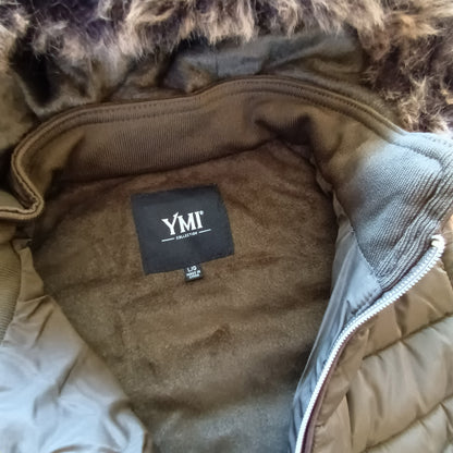 YMI Khaki Puffer vest with detachable fur hood