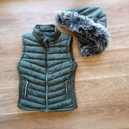 YMI Khaki Puffer vest with detachable fur hood