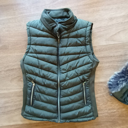 YMI Khaki Puffer vest with detachable fur hood