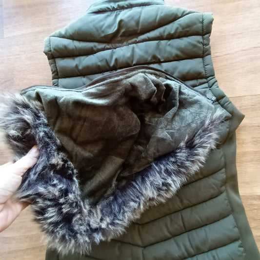 YMI Khaki Puffer vest with detachable fur hood