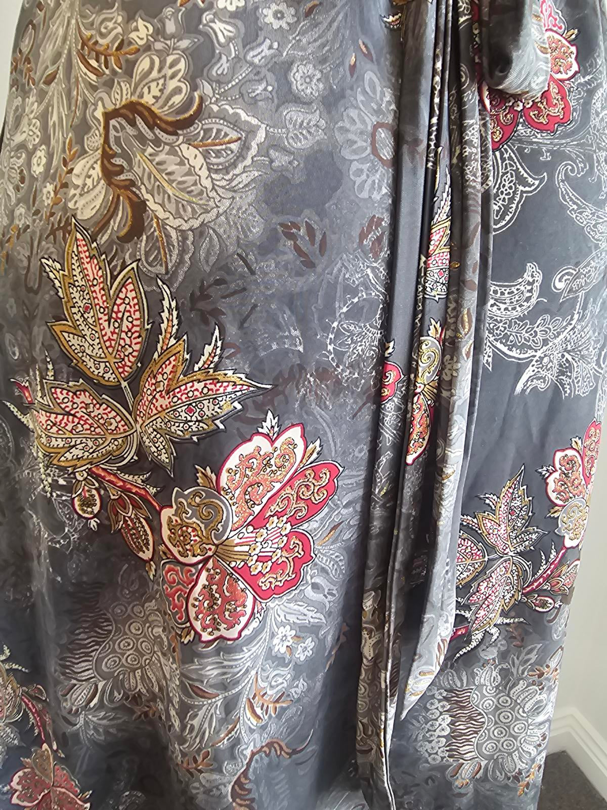 Vintage grey and burgundy wrap midi dress muted paisley S